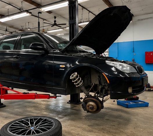 Black BMW on a lift in the Parkway repair bay with its hood open and front wheel removed